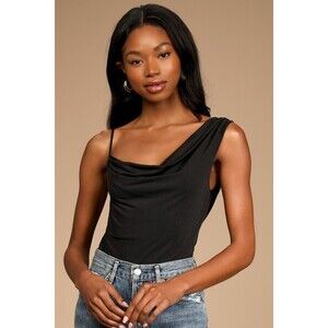 Lulus Modern Beauty Black Asymmetrical Cowl Neck Bodysuit - Size S